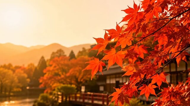 Autumn Leaves Background with Japanese Traditional House Landscape