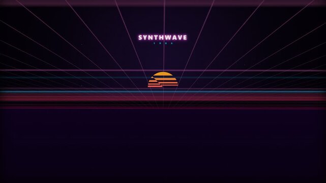 Retro synthwave grid background animated with glowing neon pink perspective lines, striped sunset sun logo, and futuristic 1980s vaporwave aesthetic in a wide dynamic camera angle shot.