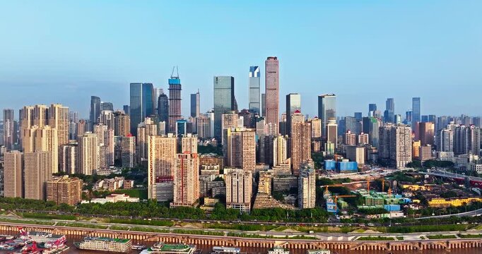 Aerial view of a dense skyscraper skyline and modern cityscape in Chongqing, China