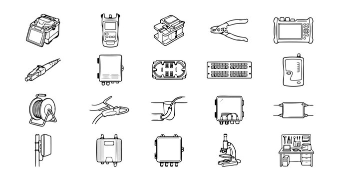 Hand Drawn Fiber Optic and Telecommunications Outline Icons, Network Installation Equipment and Connectivity Vector Set