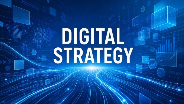 Futuristic blue digital strategy concept with glowing data streams, world map, analytics charts and transparent interface elements.