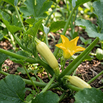 Zucchini flower and young squash growth.