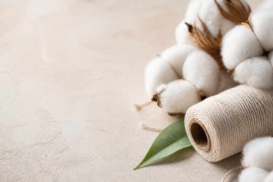 Soft cotton bolls, natural twine spool and green leaf arranged on a warm beige textured surface with generous copy space.