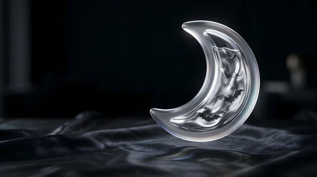 A captivating still life photograph showcases a delicate translucent crescent moon sculpture seemingly crafted from ice or glass bathed in a mysterious dark ambiance