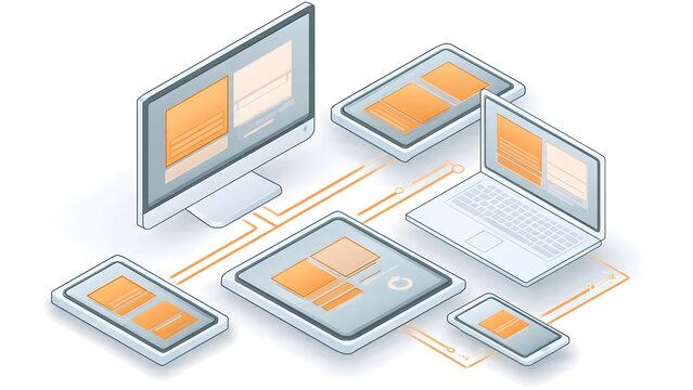 isometric responsive design web development devices mock up with computer laptop and mobile phones connected with lines