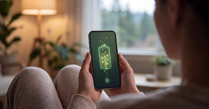 Smartphone battery charging icon displayed on screen held by woman sitting in cozy home environment during sunny daylight indoor hours