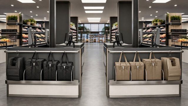 Modern grocery store checkout counters with black and beige reusable shopping bags displayed beneath self-service payment terminals.