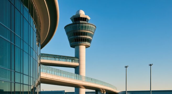 Modern airport control tower and sleek glass terminal building under clear blue sky