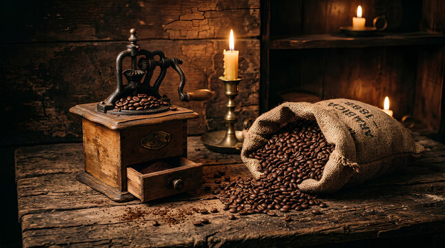 Vintage manual coffee grinder and sack of beans by candlelight