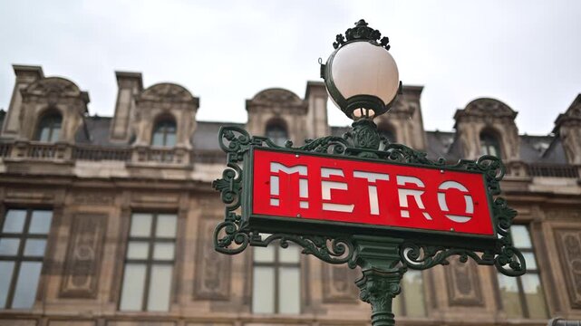 Classic red Paris metro sign iconic architecture landmark exterior in France.