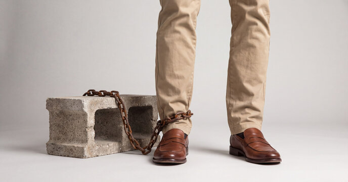 Chained leg shackled to heavy concrete block symbolizing professional entrapment and financial burden for business workers in corporate environment settings