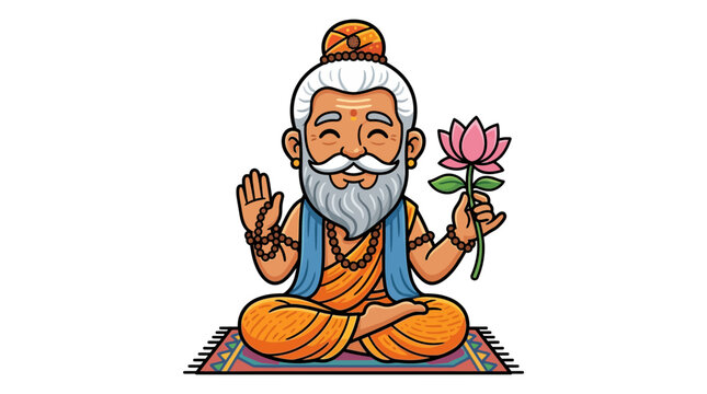 Cartoon Illustration of a Meditating Hindu Sage Holding a Lotus