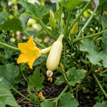 Yellow summer squash growing on green vine with flower.
