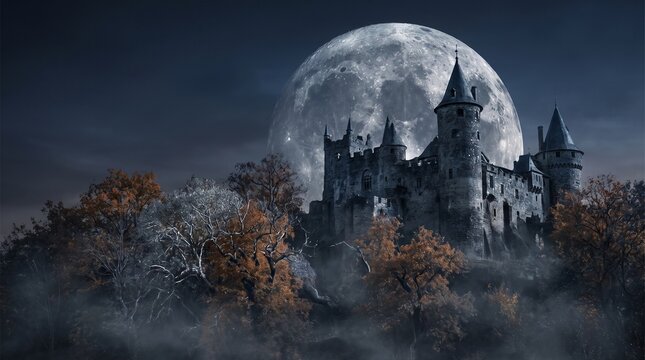 Spooky haunted castle under large full moon at night with halloween, landscape