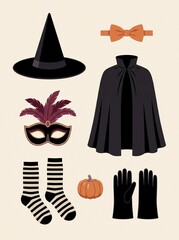 Flat vector set of Halloween costume accessories including witch hat cape mask and pumpkin.