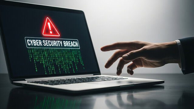 Laptop screen displaying a cyber security breach warning message with red alert icon and binary code as a businessman's hand reaches for the keyboard on a dark desk surface.