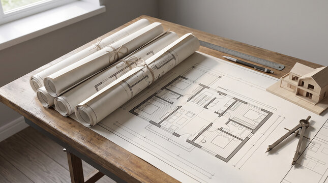 Architectural floor plan and house model on wooden table