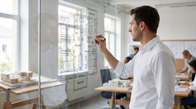 Architect drawing floor plan on glass wall in office