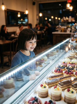 Excited young girl choosing desserts in a bakery display case