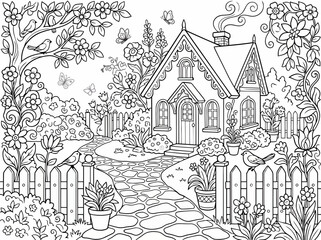 Naklejka premium Charming black and white illustration of a quaint cottage surrounded by a lush garden with flowers and birds
