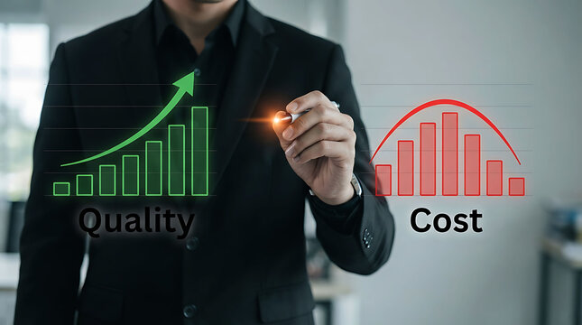 Businessman analyzing increasing quality and cost reduction graph chart