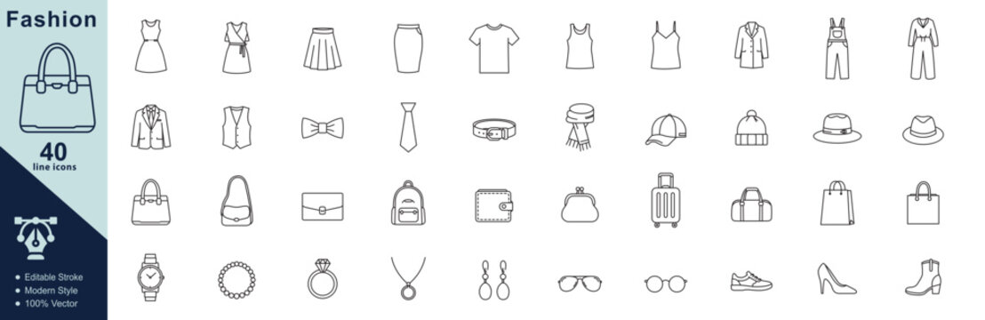 Collection of fashion line art icons. Containing T-shirt, shirt, dress, shoe, tie, underware, etc. Editable stroke. Vector illustration