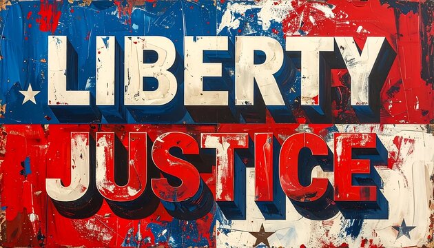 Vintage American flag metal sign with Liberty and Justice typography.