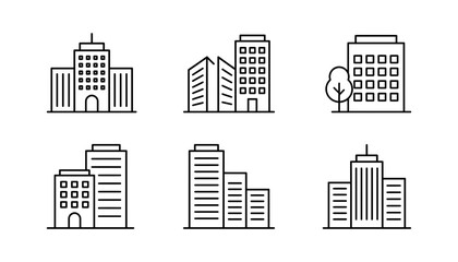 Modern city building and skyscraper line icons set featuring commercial office towers apartment blocks corporate headquarters and urban real estate architectural designs © Md