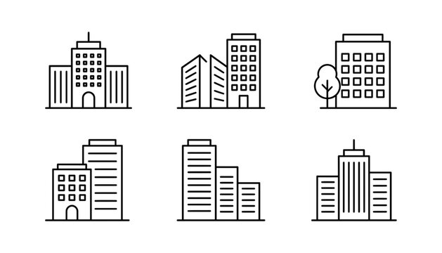 Modern city building and skyscraper line icons set featuring commercial office towers apartment blocks corporate headquarters and urban real estate architectural designs