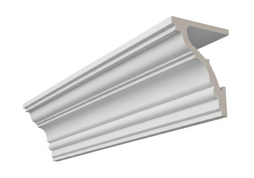 White decorative crown molding cornice profile for interior design and architectural decoration on white background.
