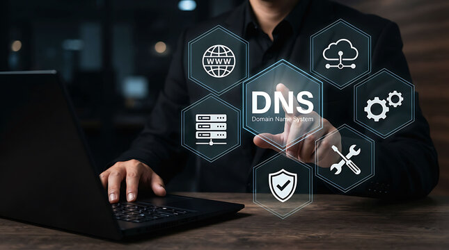 Businessman touching DNS Domain Name System network connection interface laptop screen