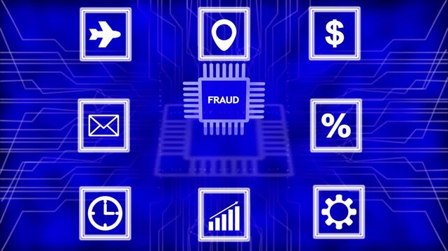 Central processing unit displaying FRAUD surrounded by representing travel mail clock graph dollar percentage and gear on a deep blue digital circuit board background