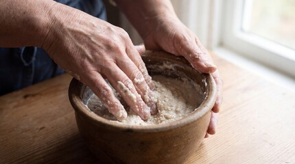 Fototapeta premium Hands are actively mixing a grainy substance within a rustic earthenware bowl during food preparation dough