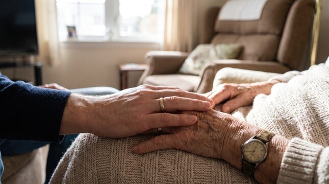 Generational hands clasped gently in a sunlit living room representing care and connection