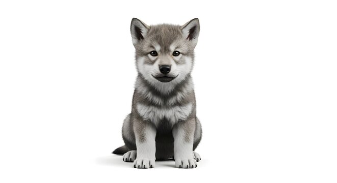 A cute wolf pup sitting on a white background with fluffy fur and curious eyes showcasing a soft gray color palette and playful wildlife nature appeal
