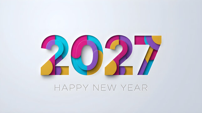 Colorful layered papercut text displaying 2027 Happy New Year on a clean background. Festive banner for holiday celebration cards.