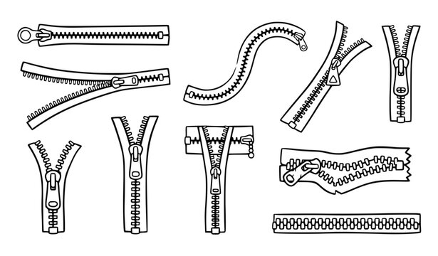 Zipper Brush Vector Set with Hand Drawn Zip Fastener Elements