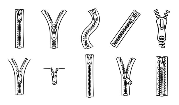 Zipper Brush Vector Set with Hand Drawn Zip Fastener Elements