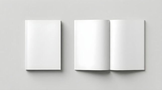 Blank open and closed white books lying on a neutral grey background. Perfect mockup template for brochure, catalog, or magazine design presentation.
