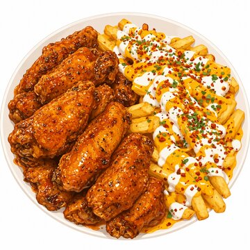 Crispy glazed buffalo chicken wings with loaded cheese french fries platter vector illustration isolated on white background