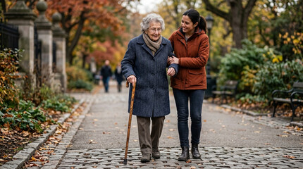 Obraz premium Elderly Woman Walks With Caregiver In Autumn Park, Supportive Relationship