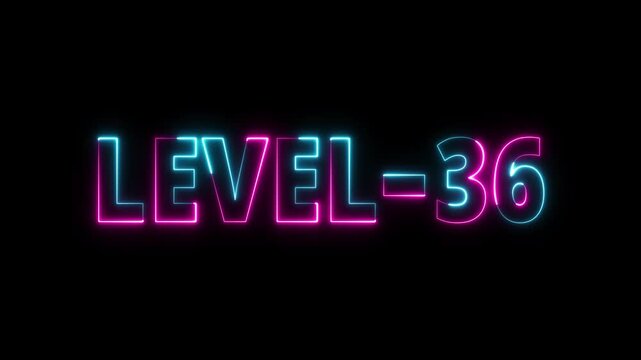 Level-36 neon bright text font, colorful motion animation. Glowing neon text Level 36 icon animation. Level thirty-six message. Game displaying level 36. Neon Level 36. Neon level 36 up sign.