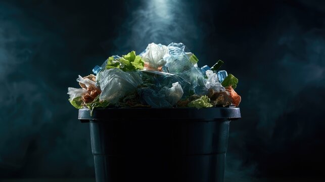 Overflowing trash bin shrouded in atmospheric smoke and light