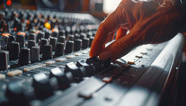 Hand adjusting audio mixer slider for micro-moments of productivity in music studio