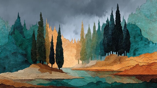 Abstract Pacific Northwest landscape with flowing water and ancient forest, muted earth tones with deep teal and warm amber, textured handmade paper, minimal and serene natural scenery.
