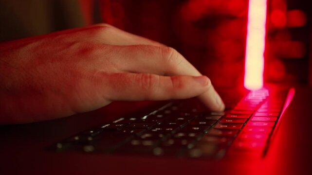Close up of person typing on backlit laptop keyboard in dark room.