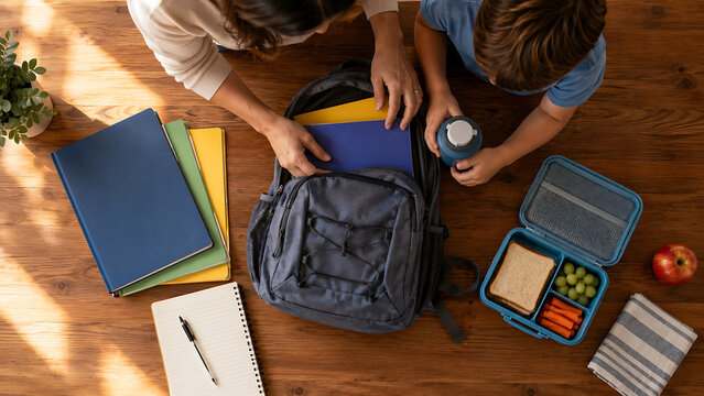 Top view of mother helping son pack backpack with notebooks water bottle and lunch box containing sandwich fruit and carrots on wooden table back to school preparation