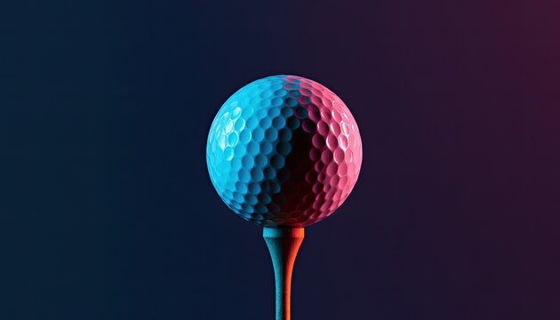 Illuminated golf ball balanced on a wooden tee against a dark background