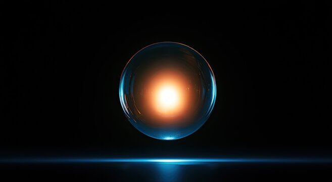 Luminous orb glows with bright light, casting blue reflections on dark surface