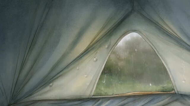View from inside a tent at rainy weather droplets on fabric blurred nature background outdoor camping scene